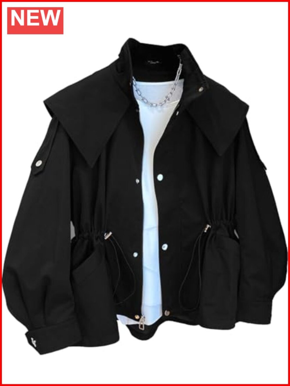 Women's Polyester Trench Coat Zip Up Hooded Jacket with Drawstring Waist